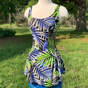 Vintage Azul Brand Colorful Palm Leaf Print One Piece Swim Dress Swimsuit Size12